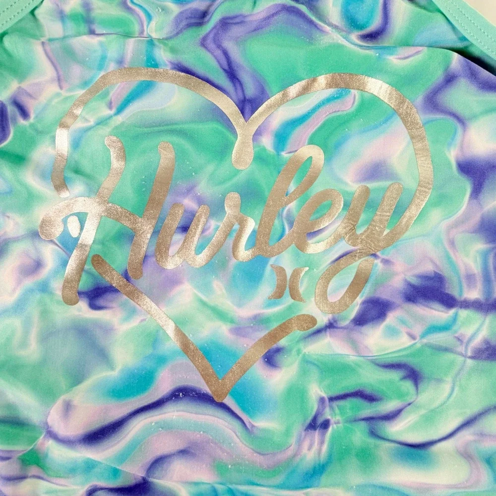Hurley Girls Tie Dye One‎ Piece Swimsuit Silver Heart Logo Size 7/8 Blue Green